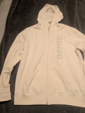 Seattle Seahawks Womans Zip Up Hoodie White with silver Rhinestones ,Soft L
